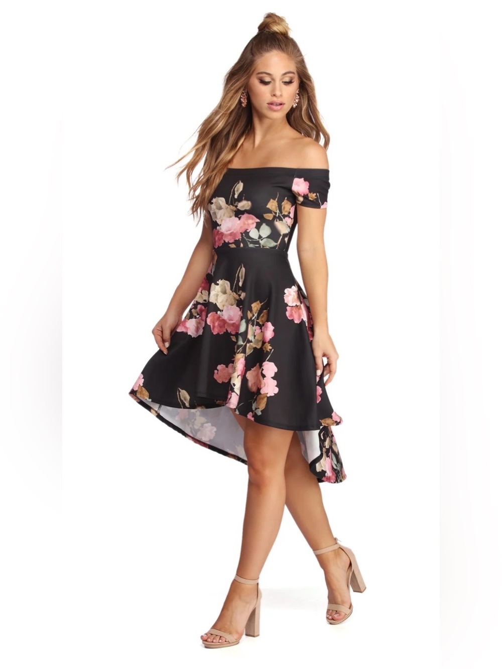 NWOT | Windsor Black One-Shoulder Floral High-Low Dress, Size S